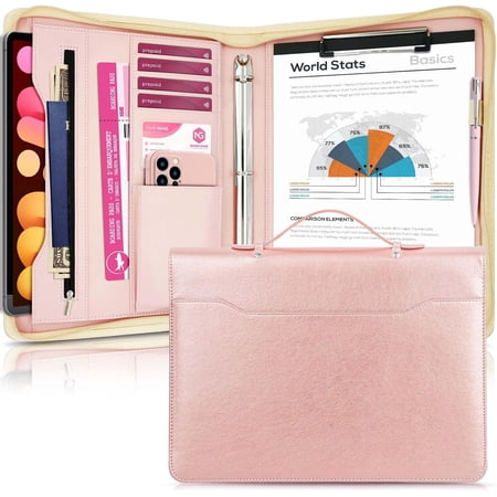 Faux Leather Portfolio Binder with Handle & Clipboard, Zippered Padfolio Folder Organizer 3 Ring for Document, Business Card Holder, Professional Notebook Men Women (Rose Gold)