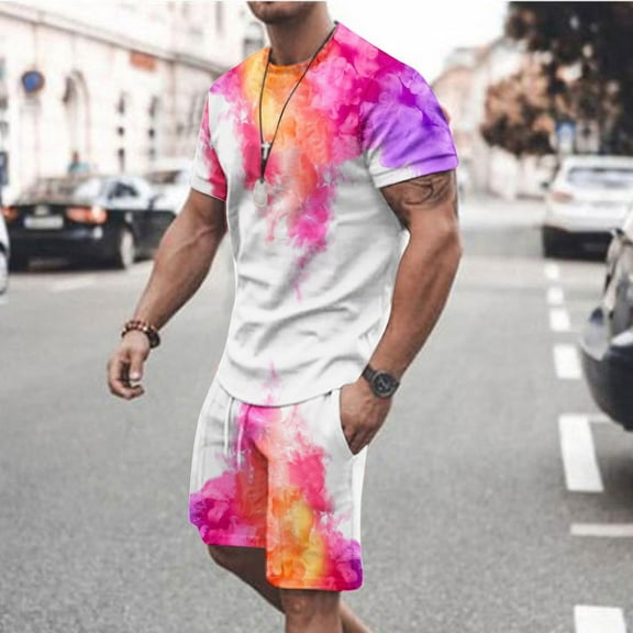 UVEASISHA Mens Summer Pajamas Set,Men Short Sets Outfits 2 Piece Casual Summer Tracksuits Short Sleeve Muscle Gym Workout Athletic Sports Suits Sets Pink