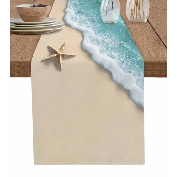 Hokiten Table Runners 36 Inches Long Dress Scarves, Ocean Coastal Farmhouse Kitchen/Dining Table Runner, Short Coffee Tablerunners, Brown Beach Starfish Waves Shore Abstract 13x36 Inch