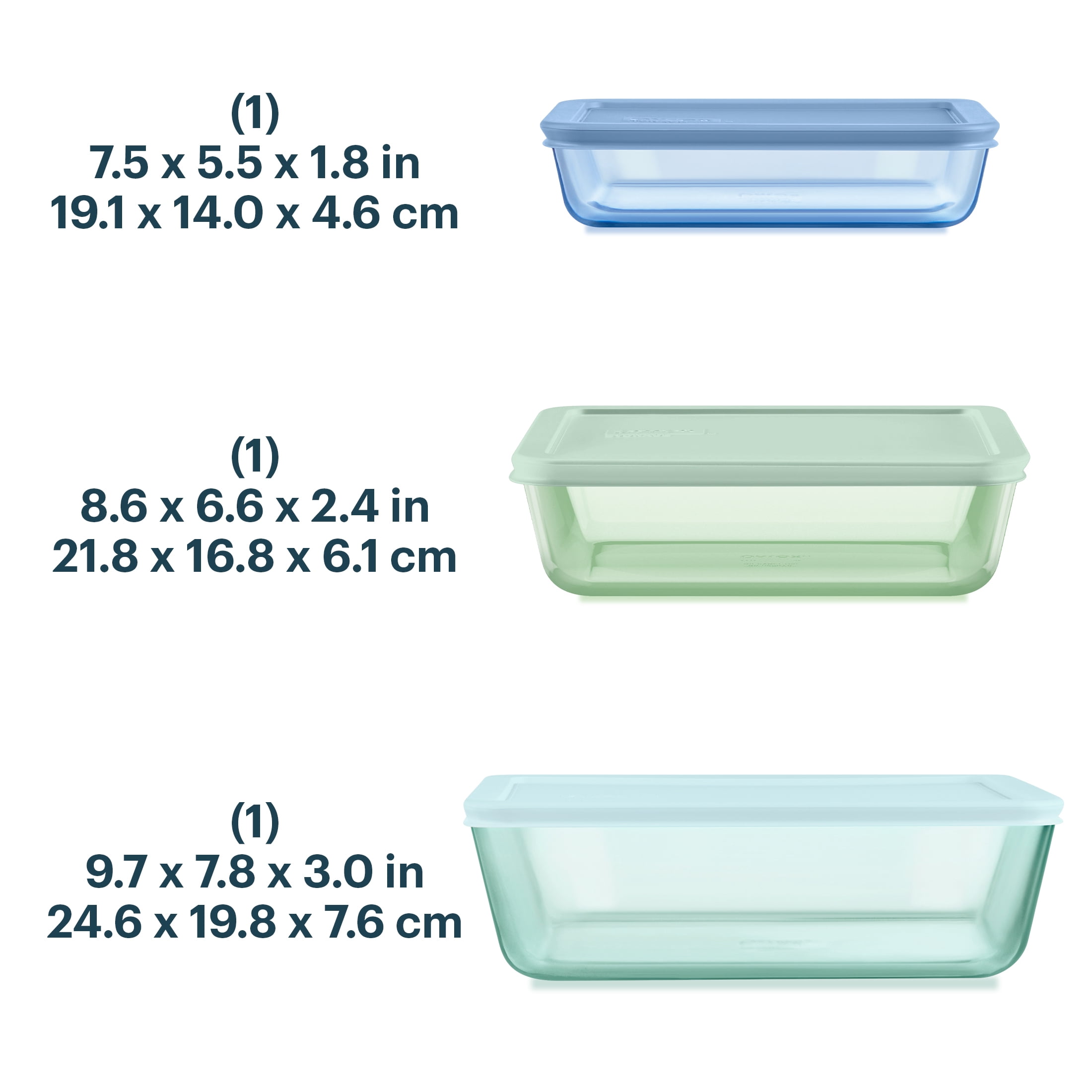 Pyrex Simply Store Tinted 6-piece Rectangle Storage Set with Plastic Lids, Green/Blue/Aqua