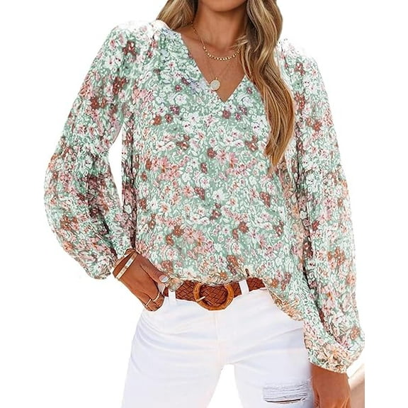 Women's Casual Boho Floral Print V Neck Long Sleeve Bohemine Loose Blouses Shirts Tops