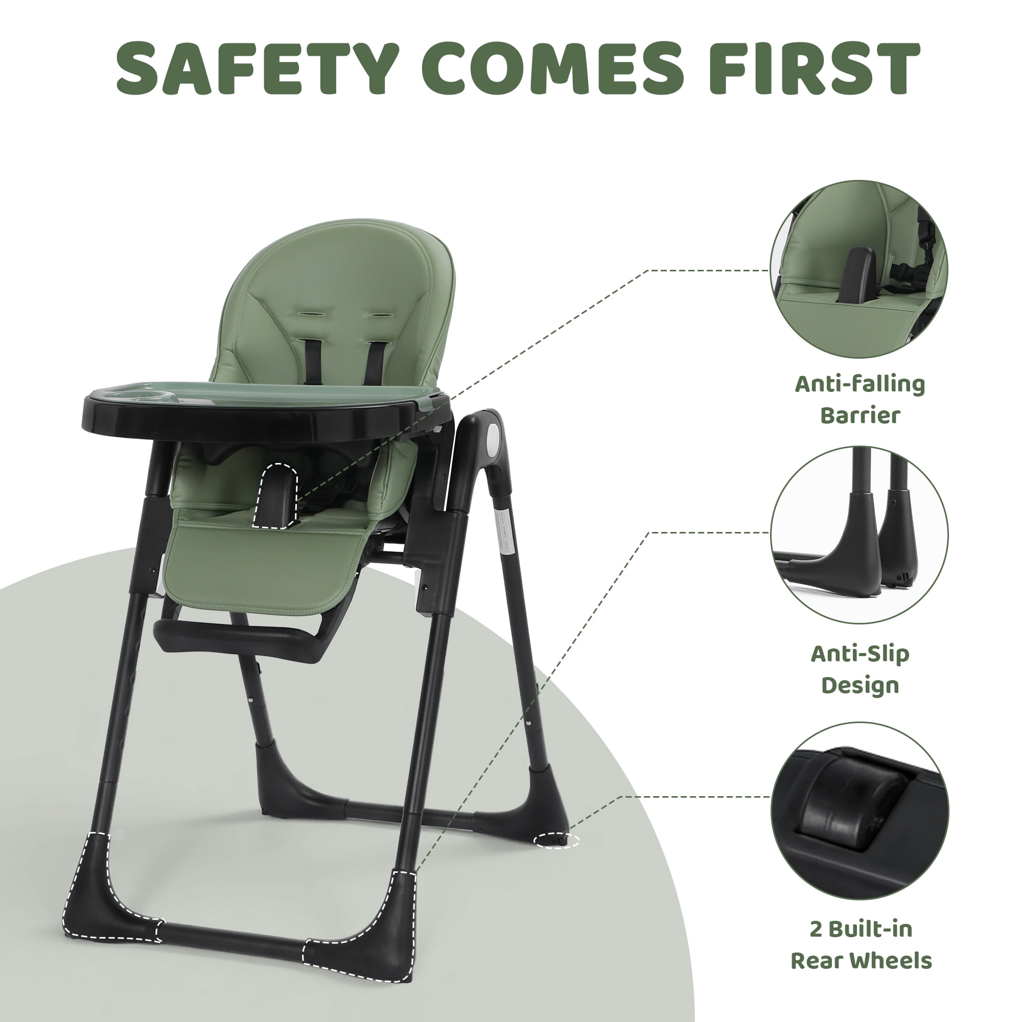 AILEEKISS Foldable High Chair for Baby, Toddler Eating Chair with Detachable Double Trays, Green