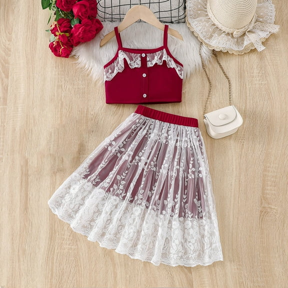 Placlothes Cute tops and skirt two piece sets for big girls and little girls in solid Red perfect for summer fall skirt outfits birthday gift size 10-12 kids clothing