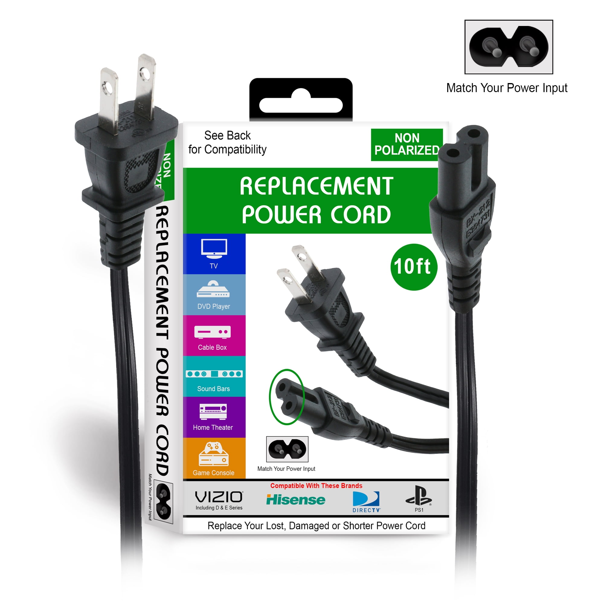 10ft Non-Polarized Replacement Power Cord, Works With Game Consoles, Cable Boxes, Printers
