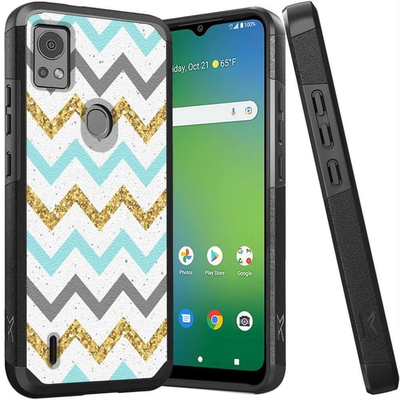 MK Dual Layer (Shockproof Protection Magnetic Mount Back) Protective Armor Cover Case for Cricket Icon 5 (with LED Keychain Light) - Teal Gold Zig Zag Chevron