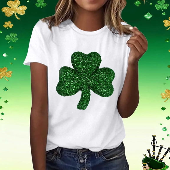 Ladies Sparkly Shamrock St. Patrick's Day T-shirt Tops Green Sequin Clover Print Tees Crew Neck Short Sleeve T Shirts for Festive