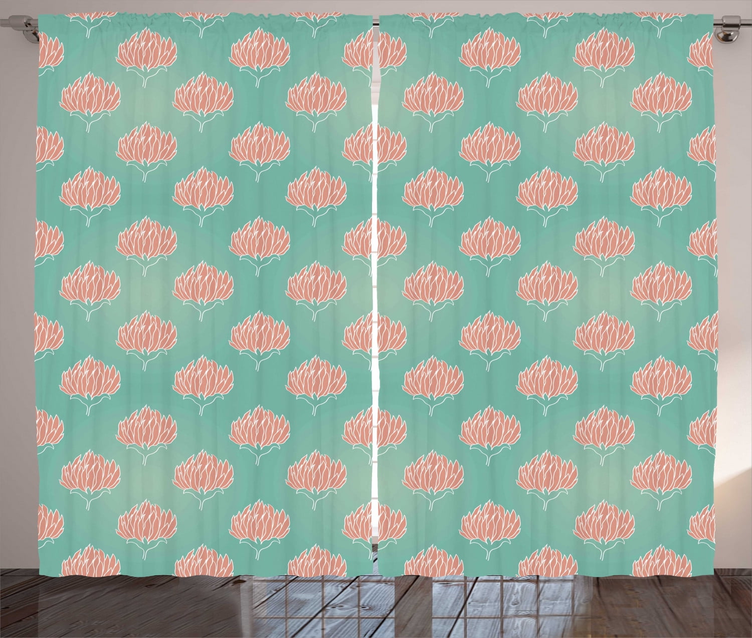 Floral Curtains 2 Panels Set, Romantic Corsage of Flowers on Green Toned Background Vintage Ornamental, Window Drapes for Living Room Bedroom, 108"W X 90"L,Coral and Almond Green, by Ambesonne
