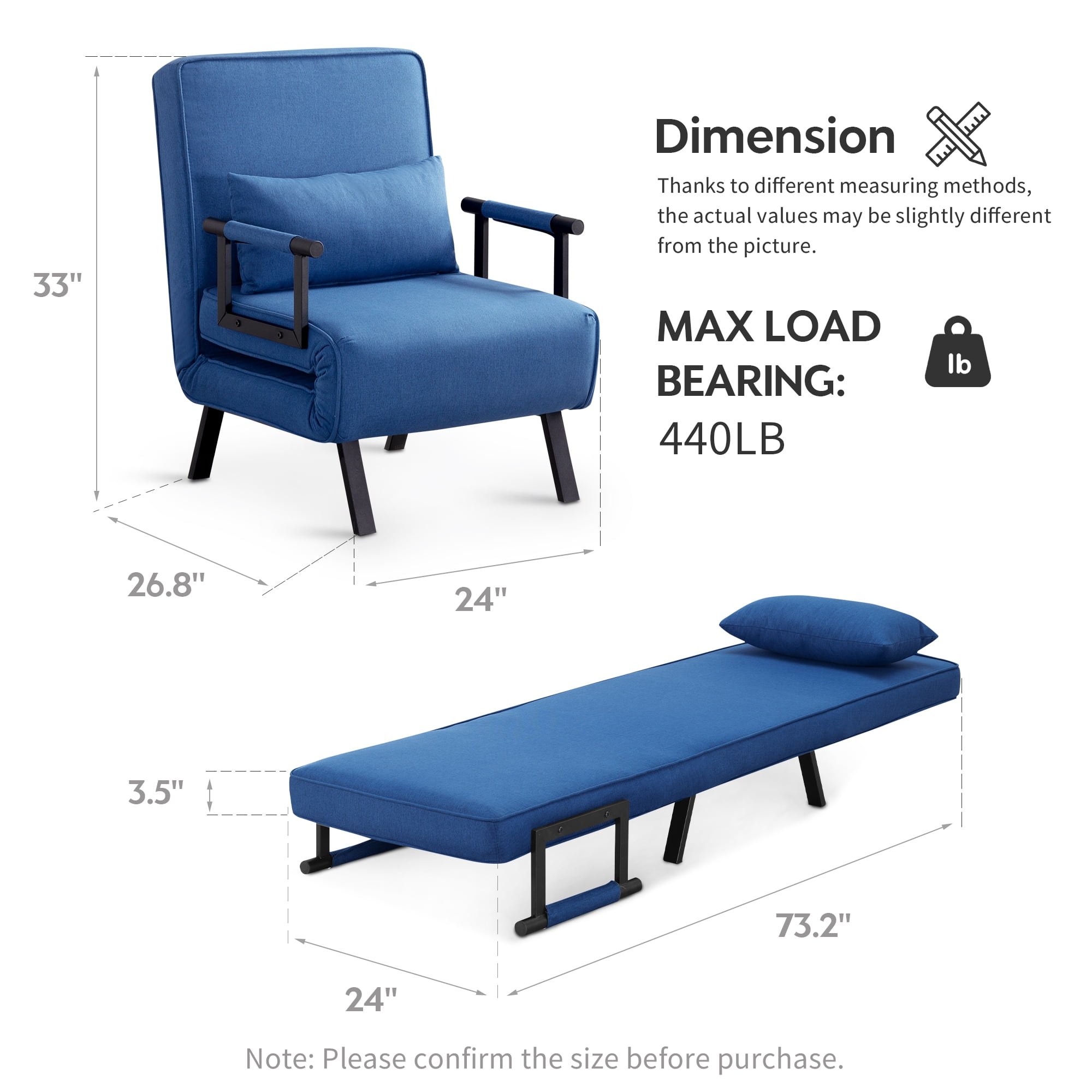 Aukfa Comfy Mini Sofa Adjustable Backrest Chaise Lounger Convertible Sofa Chair Bed w/ &Pillow, Blue
