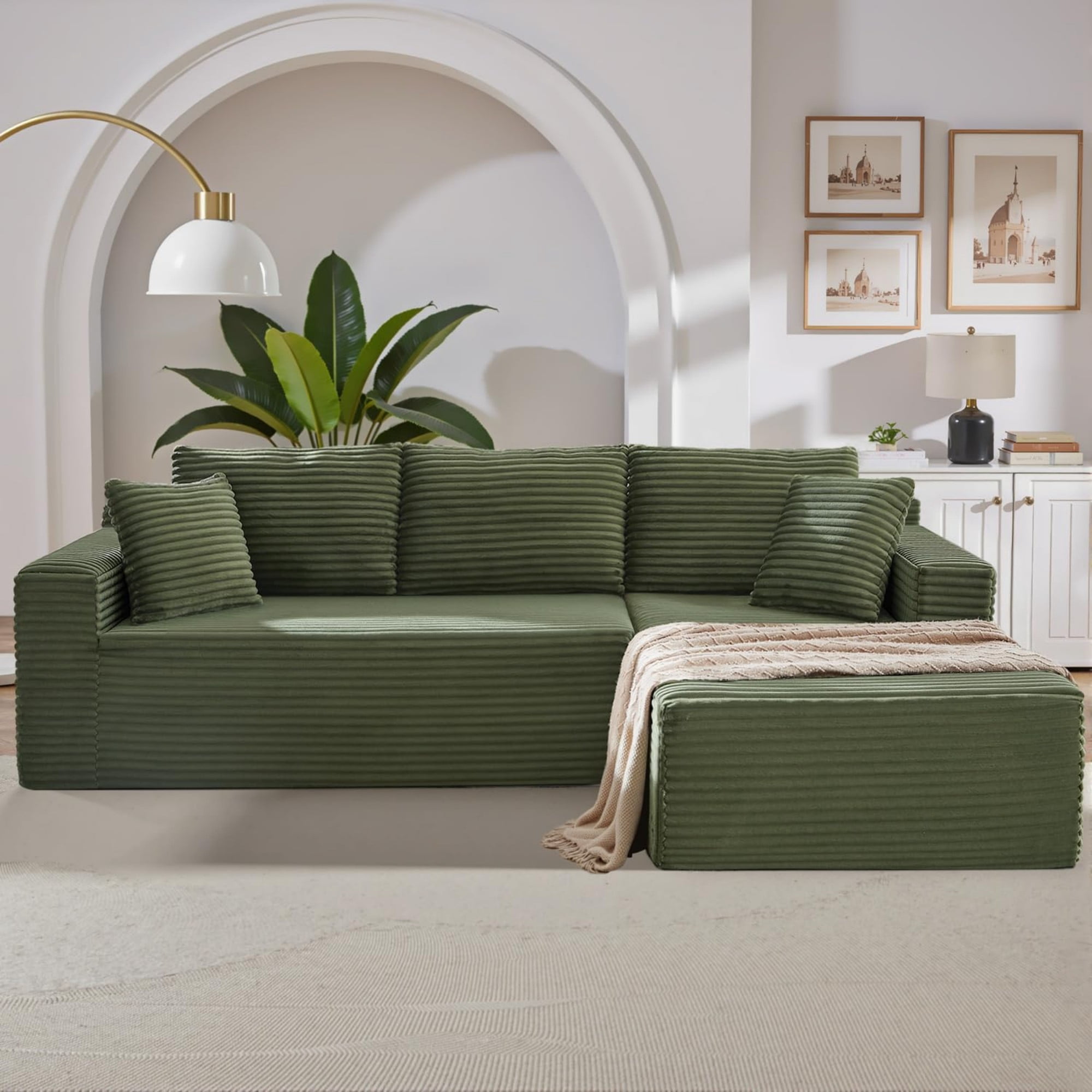 Aukfa 107" Cloud Modular Sectional Couch with Right-Facing Chaise, Corduroy Deep Seat Boneless Sofa for Living Room, Apartment, Green