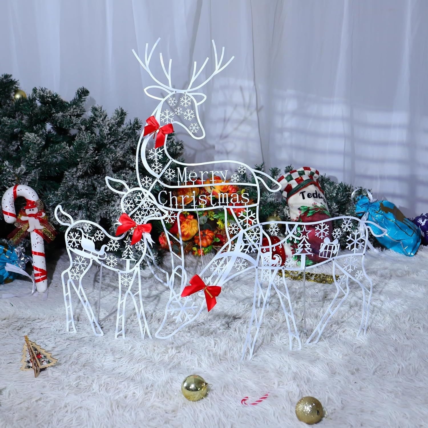 Gallickan LED Lighted Reindeer for Christmas Decoration, Xmas Outdoor Deer Decor with 60 LED Lights, 3D White Glittered Standing Holiday Display for Outdoor, Indoor, White, A