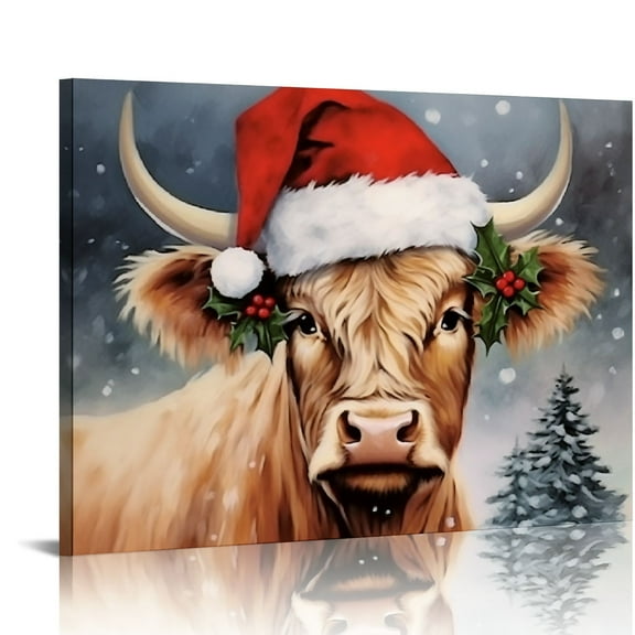 Fenyluxe Cow Santa Festive Print On Canvas Wall Art Decor Ready To Hang Room Home Art Decor 16x12in