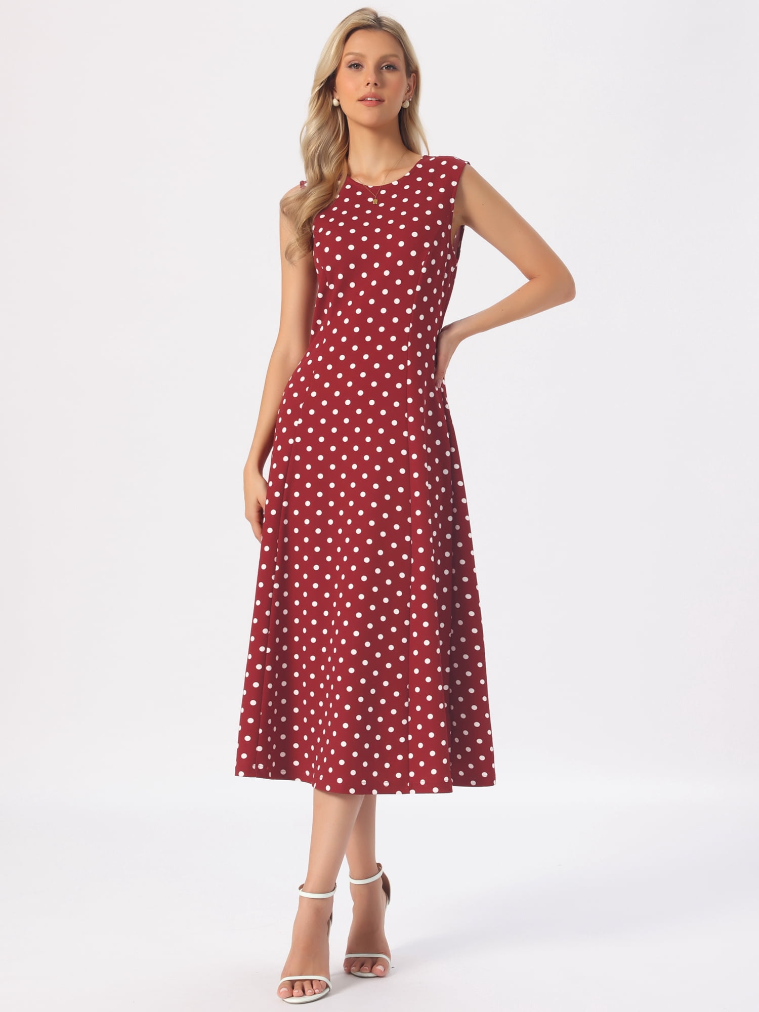 DARING DIVA Women's Polka Dots Sleeveless Sundress Vintage Crewneck Midi Dress S Dark Red