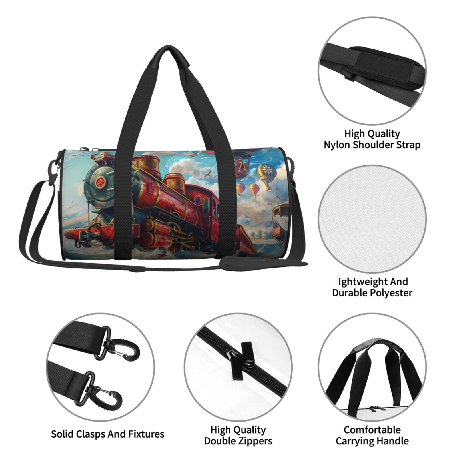 Vsdgher Beautiful Red Train Hot Air Balloon 45L Foldable Duffel Bag, Sports Gym Bag,Overnight Bag, Portable Weekender Bag for Airplanes