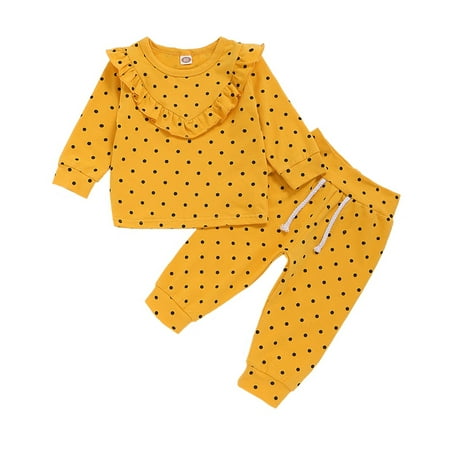 

9 Months Baby Girls Clothes 12 Months Girls 2PCS Fall Winter Outfits Polka Dots Print Infant Girls Long Sleeve Top Pants Set Yellow