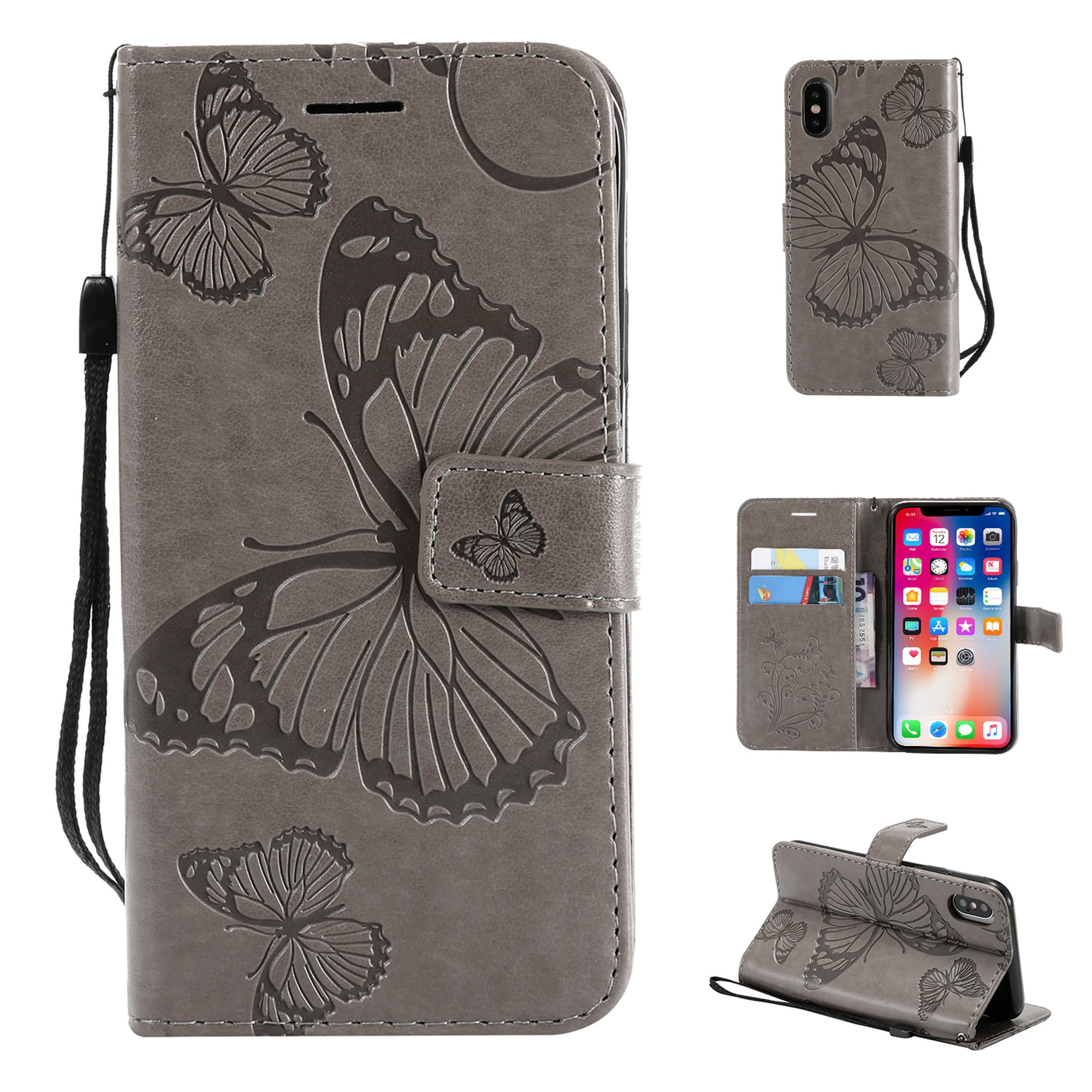 iPhone XS Wallet Case, iPhone X Case, Dteck Embossed Butterfly Magnetic Flip PU Leather Folio Stand Case Cover Built-in Card Slots & Money Pocket, with wrist Strap, For Apple iPhone XS/X, Gray