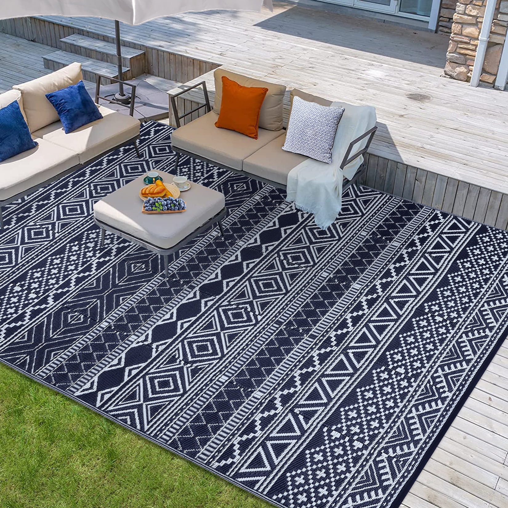 Garvee 9'x18' Plastic Outdoor Rugs, Bohemia Waterproof Straw Rug Reversible Indoor Outdoor Carpet for Patio RV Deck Porch Backyard Balcony Camping Picnic Beach, Dark Blue & White