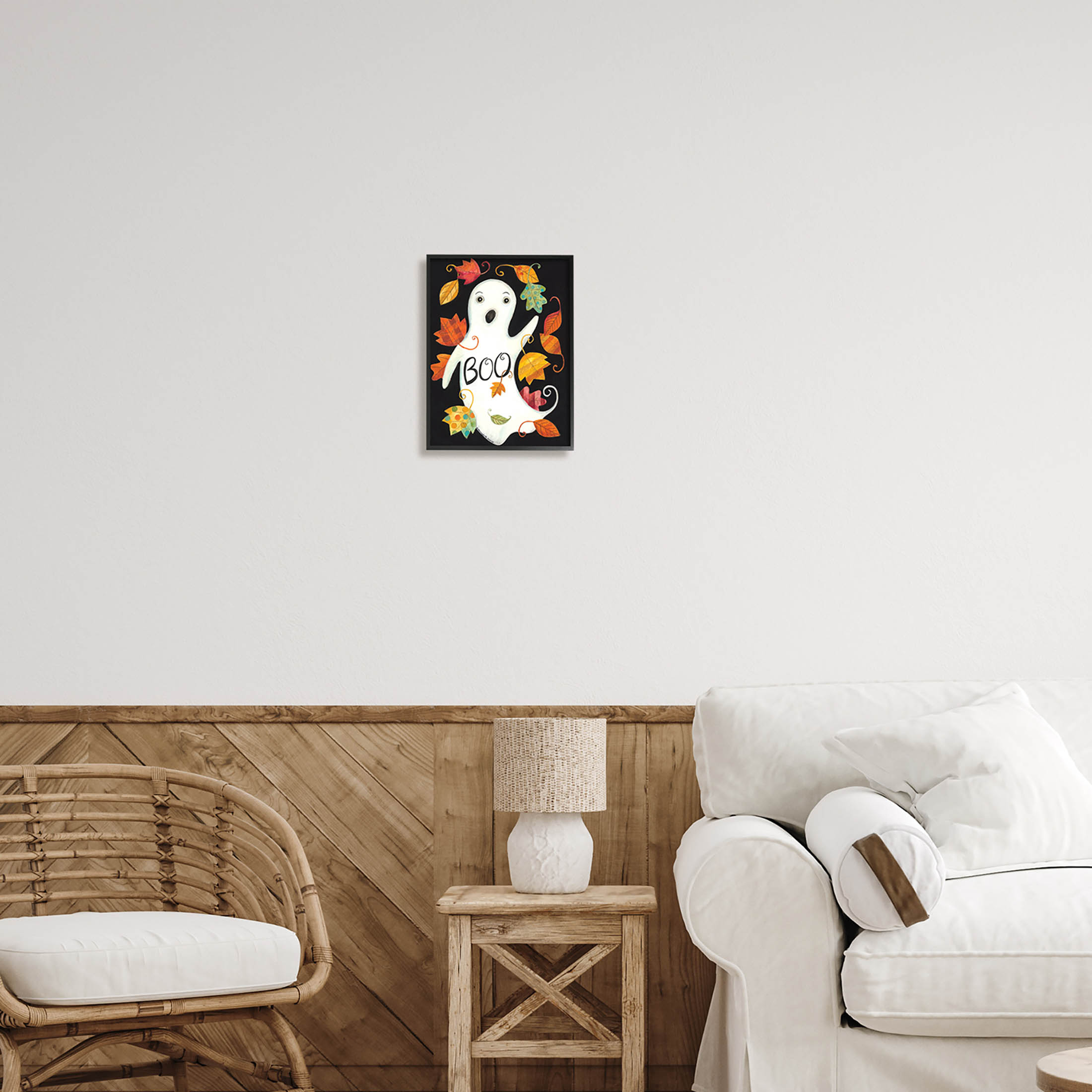 Vintage Boo Ghost Patterned Leaves Holiday Graphic Art Black Framed Art Print Wall Art