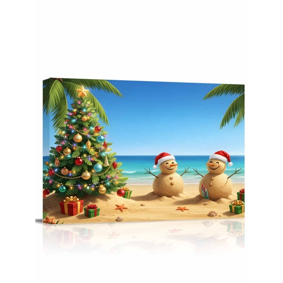 Christmas Snowman Canvas Print Wall Art Xmas Tree Gifts Sandy Snowman on Blue Sky Ocean Beach Pictures Painting Morden Artwork for Living Room Bedroom, Ready to Hang - 12"x16"