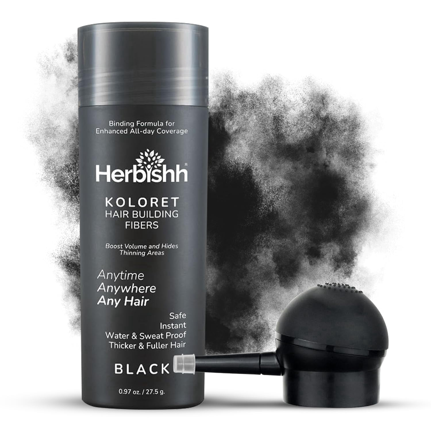 (2 pack) Herbishh Koloret Hair Building Fibers – Black Powder for Thinning Hair, Instant Bald Spot Cover Up & Scalp Concealer – Sweat-Proof & Water-Resistant Hair Thickening Fibers for Men & Women, 27.5g