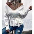 thumbnail image 2 of Mujeres V cuello de manga larga suéter moda casual corte bajo cintura espalda hueco fuera mujer Otoño Invierno suéter superior blanco XL, 2 of 6