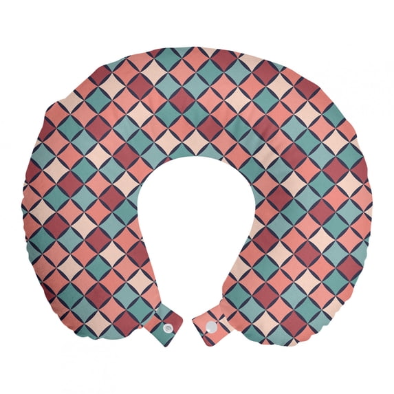 Geometric Travel Pillow Neck Rest, Retro Style Checkered Pattern Hipster Mosaic Boho Modern Fashion Simple Design, Memory Foam Traveling Accessory Airplane and Car, 12", Multicolor, by Ambesonne