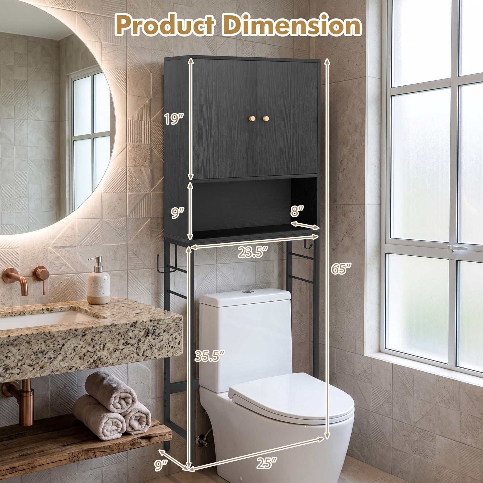 ALPULON Tall Over the Toilet Storage Cabinet with 2 Doors and Adjustable Shelf for Small Bathroom and Laundry Room, Black