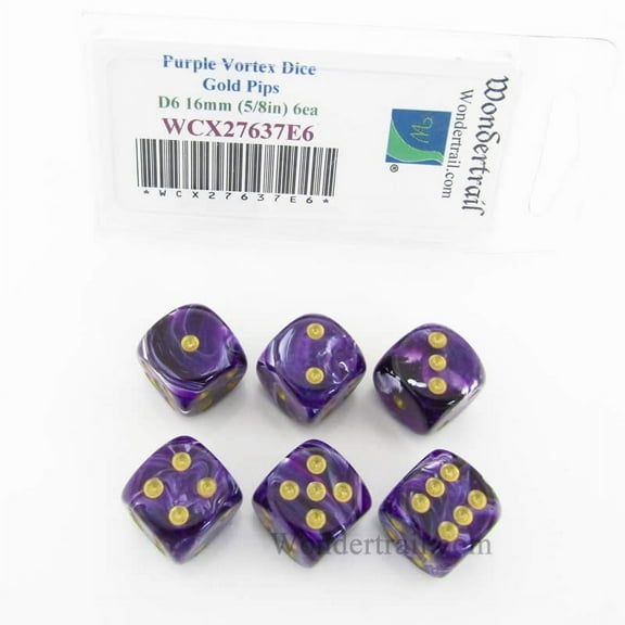 Purple Vortex Dice with Gold Pips 16mm (5/8in) D6 Set of 6 Wondertrail