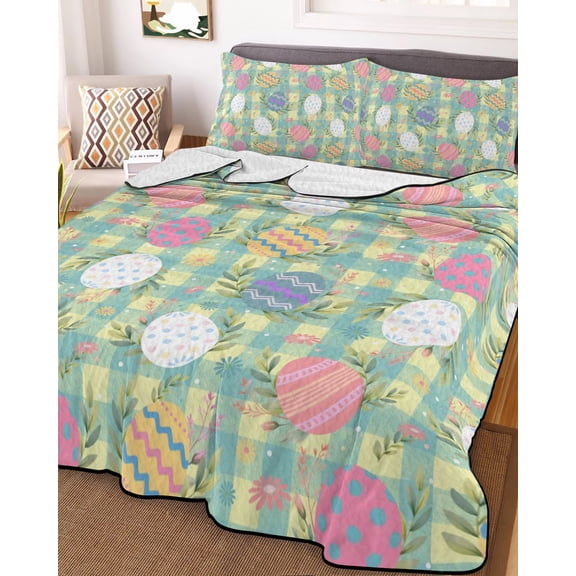 Twin Quilt Bedding Set, Easter Seamless Eggs Flower Leaf Lightweight Coverlet Summer Comforter Set Soft Microfiber Bedspread, Floral on Yellow Blue Checker 3 Piece Quilt Set with 2 Pillow Shams