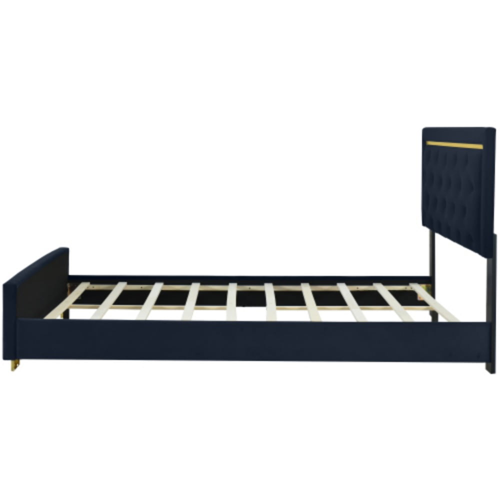Queen Size Velvet Upholstered Platform Bed, Wood Bed Frame with Pull Point Headboard and Metal Wire Frame & Feet