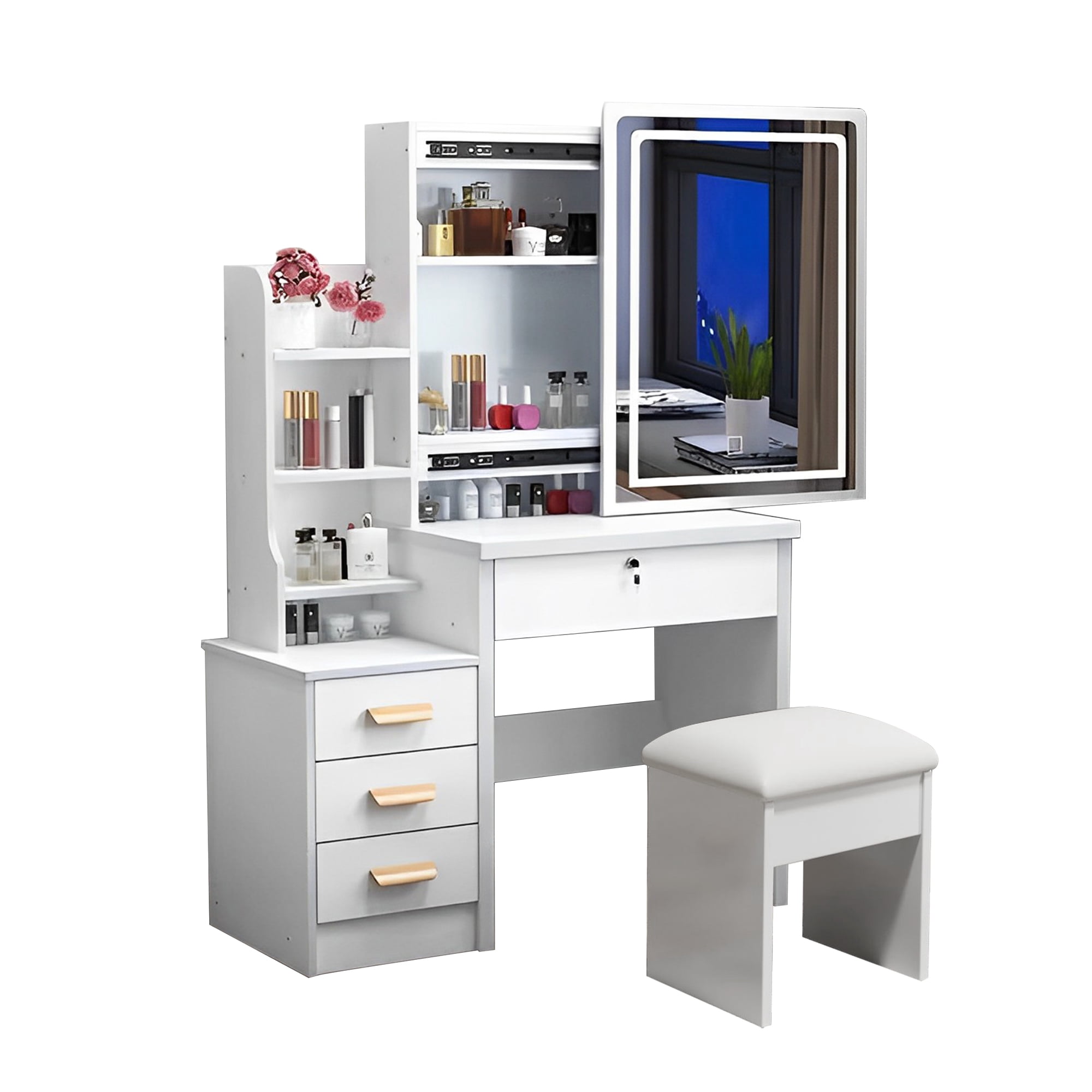 Mintazer Dressing Table with Sliding LED Mirror & 4 Drawer, Cosmetic Vanity Desk with Padded Stool & Multi-Tier Open Shelves for Bedroom Apartments, White