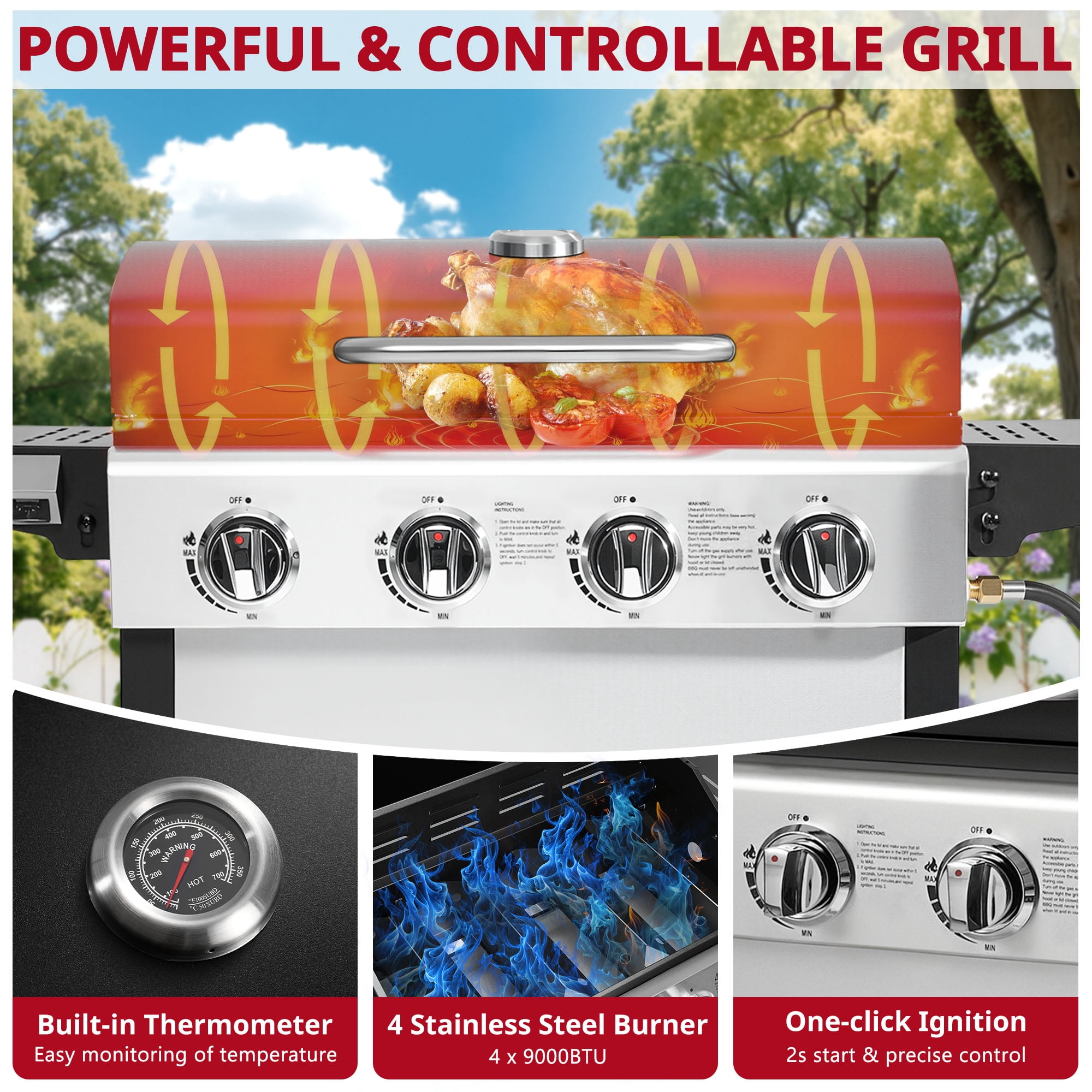 Enyopro Gas Grill, 4-Burner Propane Gas Grill, 40,00BTU Stainless Steel BBQ Grill With  Foldable Side Table, Hanging Basket, for Outdoor Camping Barbecue