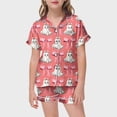 thumbnail image 2 of CUZIBR Girls Halloween Pajamas Sets Summer Fall Bow Ghost Print Kids Short Sleeve Lapel Button Down Top Elastic Waist Shorts Two Piece Soft Sleep Loungewear Outfits,1-Watermelon Red,2-3 Years, 2 of 4