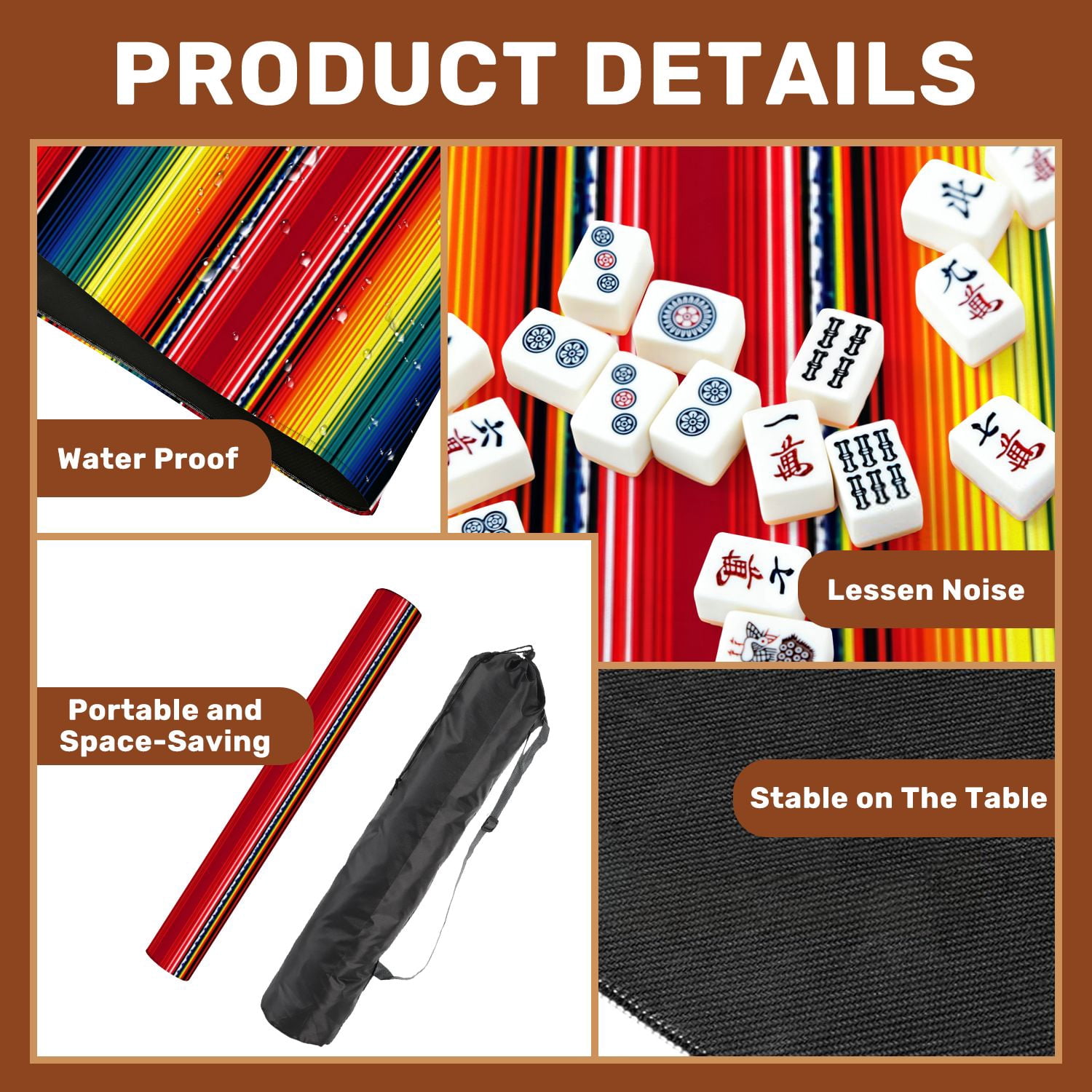 Mahjong Mat 31.5" x 31.5" Mexican Blanket Stripes Seamless for Cinco Non-Slip Noise Reduction American Mahjong Tiles Table Cover for Dominoes Poker Card Board Games Gift