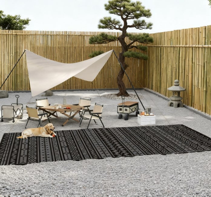9' x 18' Black & Gray Geometric Wall Reversible Outdoor Patio Rug, Waterproof Plastic Straw RV Camping Rug with Carry Bag, Foldable Fade Resistant Mat