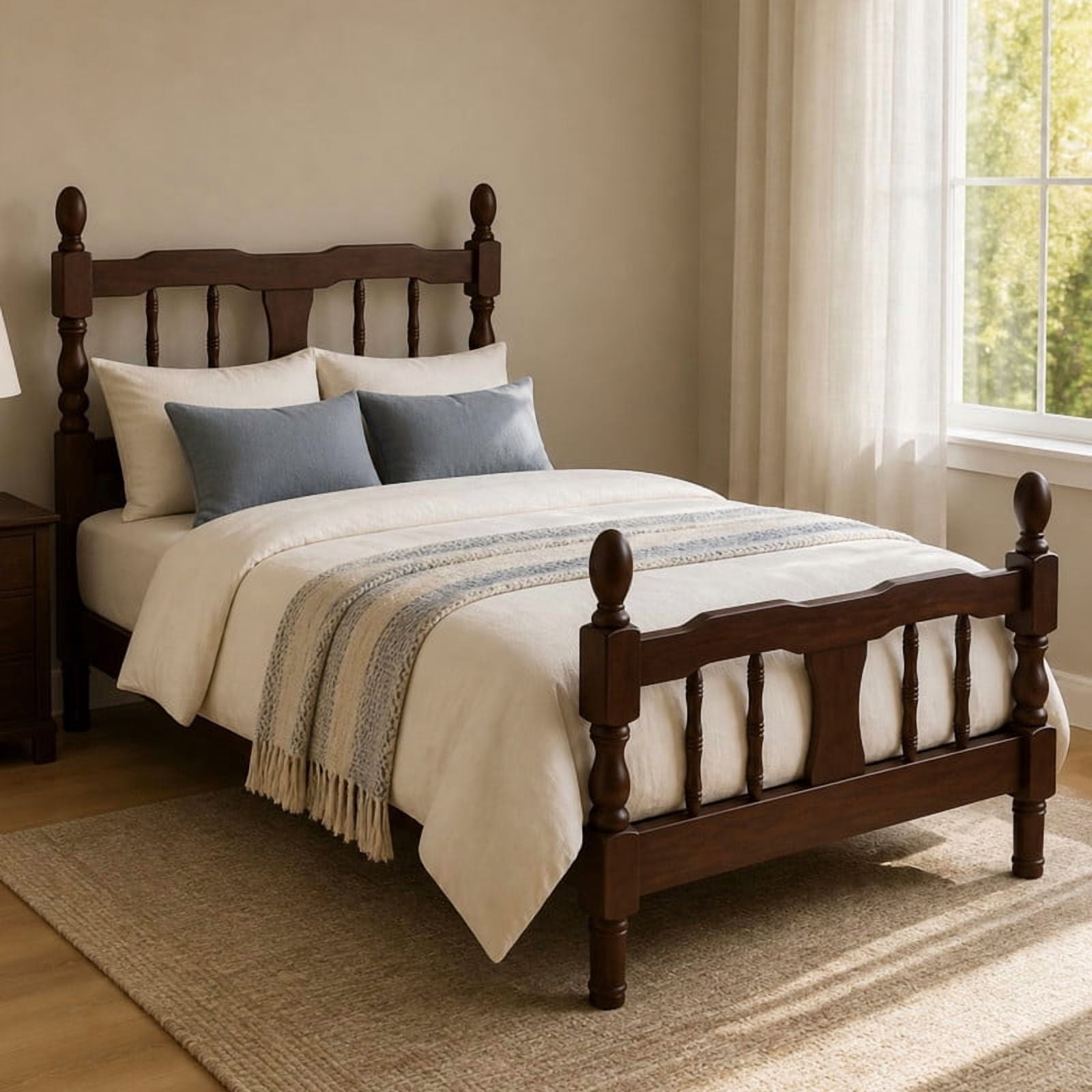 Euroco Wood Twin Size Platform Bed Frame, Classic Farmhouse Bed Frame with Spindle Headboard, Dark Walnut