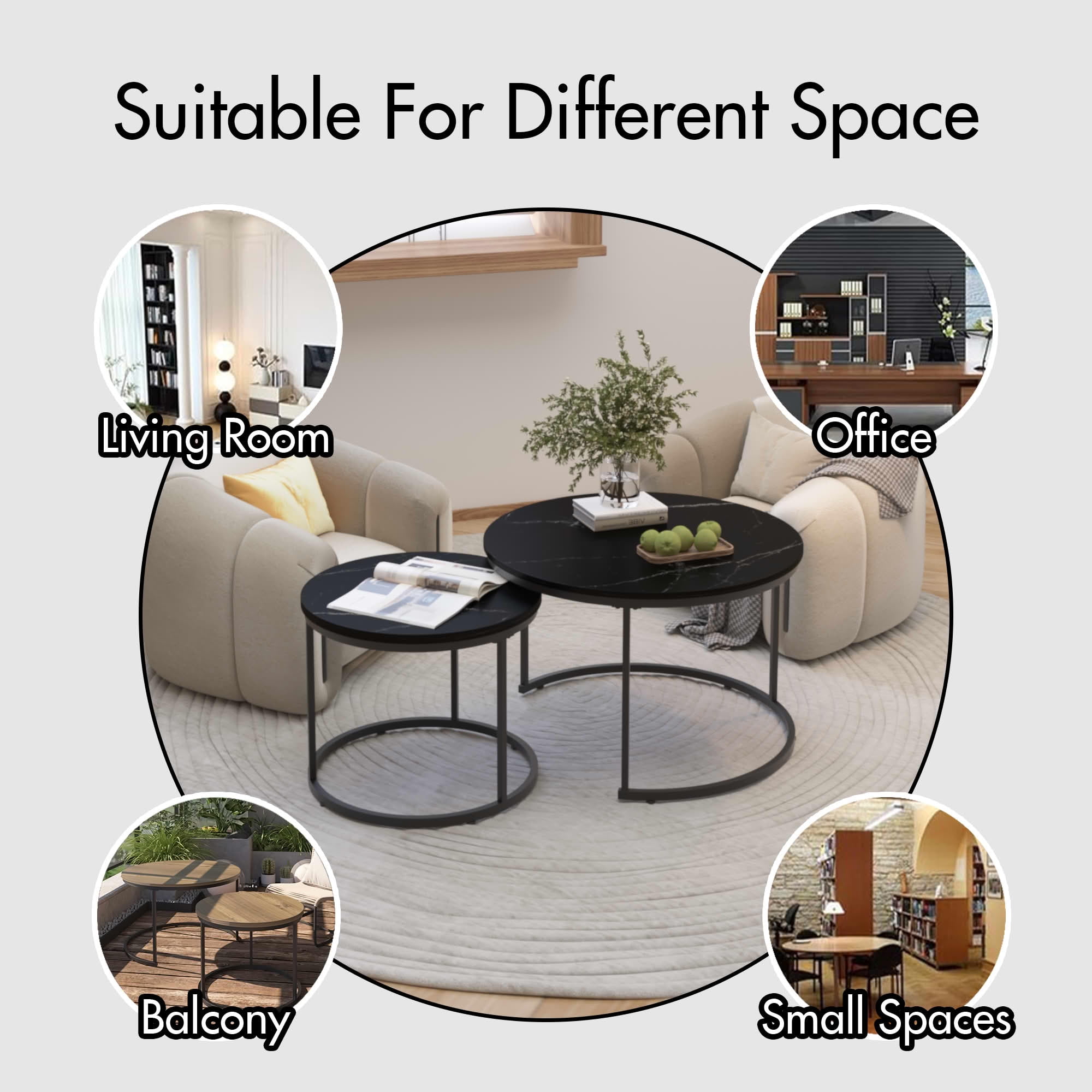 MAYEERTY 27.6" Nesting Coffee Table Set of 2, Round Wood Marble Top & Sturdy Metal Frame for Balcony Yard, Black