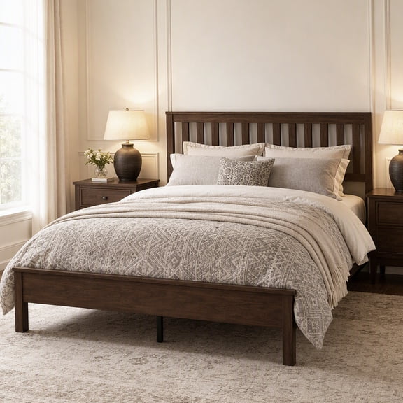 HOMCOM Queen Size Wood Platform Bed Frame with Headboard and Footboard, Mid-Century Bed Frame with Slat Support and Under-Bed Storage, Walnut