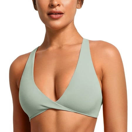 Yajing Womens Butterluxe Front Sports Bra Deep V Neck Crop Top Strappy Back Bra with Nipple Bra Gray L Full Cup Plus Size Swimsuit