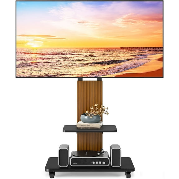 TAVR Heavy Duty Rolling TV Stand for 55-90 inch Large TVs up to 150 lbs, Universal Tall TV Stand with Mount, Height Adjustable TV Floor Stand with Large Storage Shelf for Living Room, Black