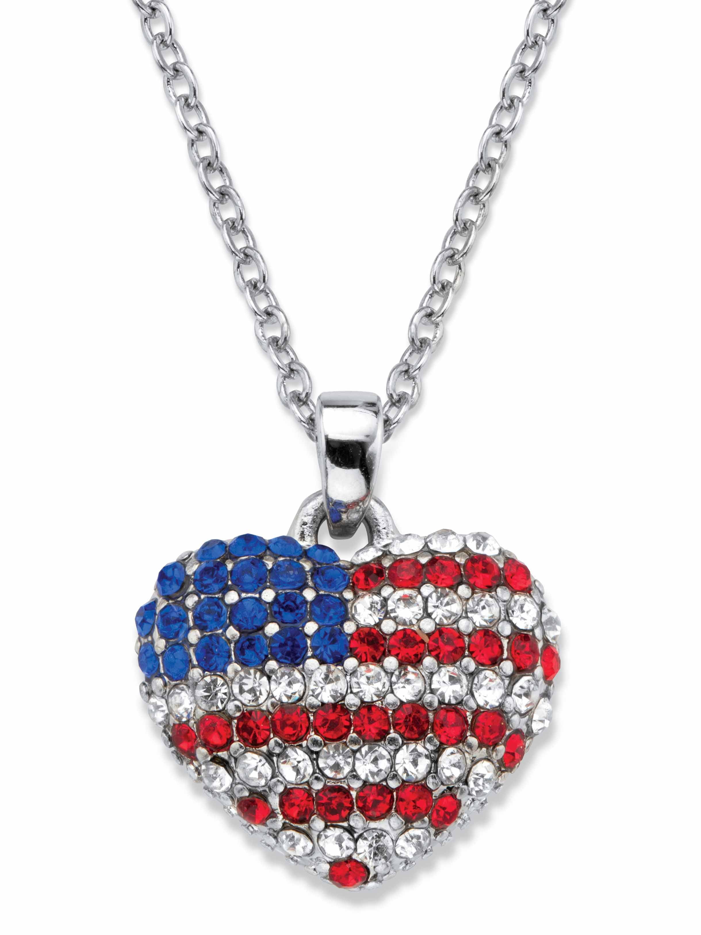PalmBeach Jewelry Red White and Blue Crystal American Flag Patriotic Pendant Necklace in Silvertone 18"