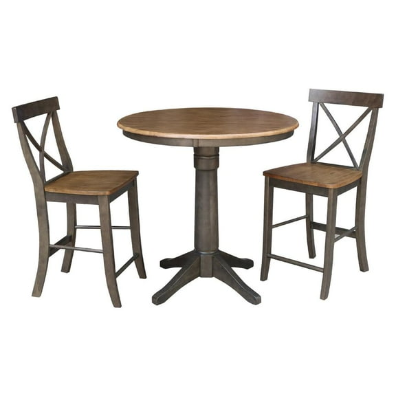 36" Round Wood Counter Height Table With 2 X-back Stools in Hickory/Washed Coal