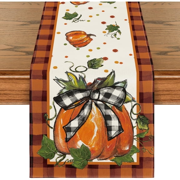 Pumpkin Bowknot Buffalo Plaid Fall Table Runner,Seasonal Autumn Kitchen Dining Table Decoration for Home Party Decor 13x72 Inch