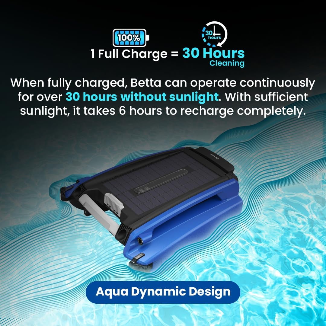 Betta Smart Solar-Powered Automatic Robotic Pool Surface Skimmer with 30-Hour Battery Life and Re-Engineered Twin Salt Chlorine Tolerant Motors (Blue)