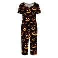 thumbnail image 4 of Women's Halloween Loungewear Set Short Sleeve V Neck Top and Cropped Pants with Pockets Ghost Pumpkin Print Breathable Soft Pajama Set for Home Outdoor Black L, 4 of 6