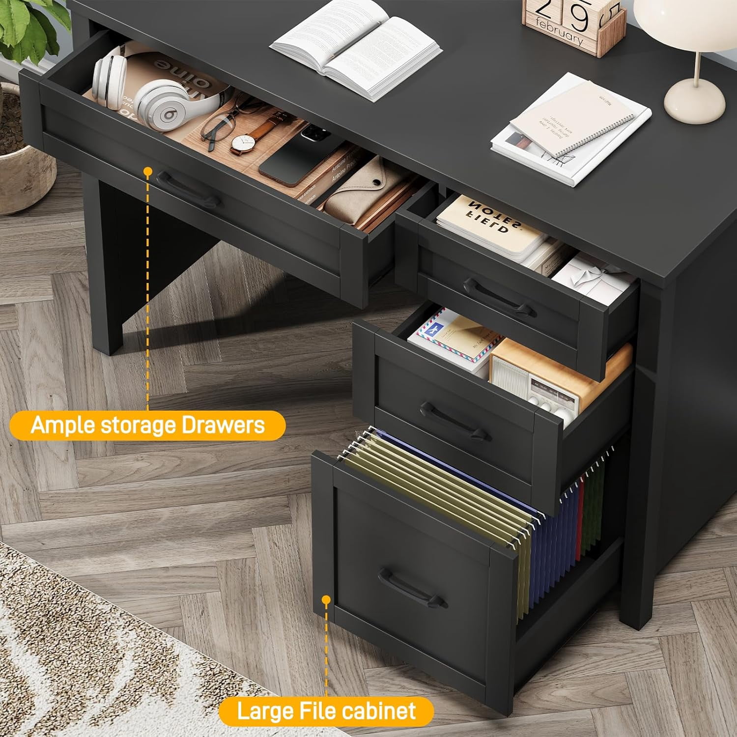 Conate 47" Executive Desk with File Cabinet and Drawers, Home Office Desk with Charging Station and Large Drawer, Workstation Table for Study