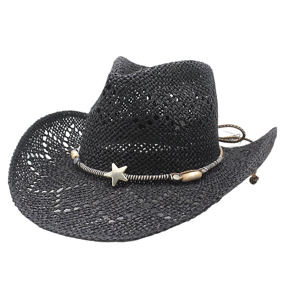 OOOUM Breathable Cowboy Hat For Men Women Western Style Star Charm Beaded Band Straw Sun Hat Festival Outdoor Vacation Western Cowgirl Hat Black