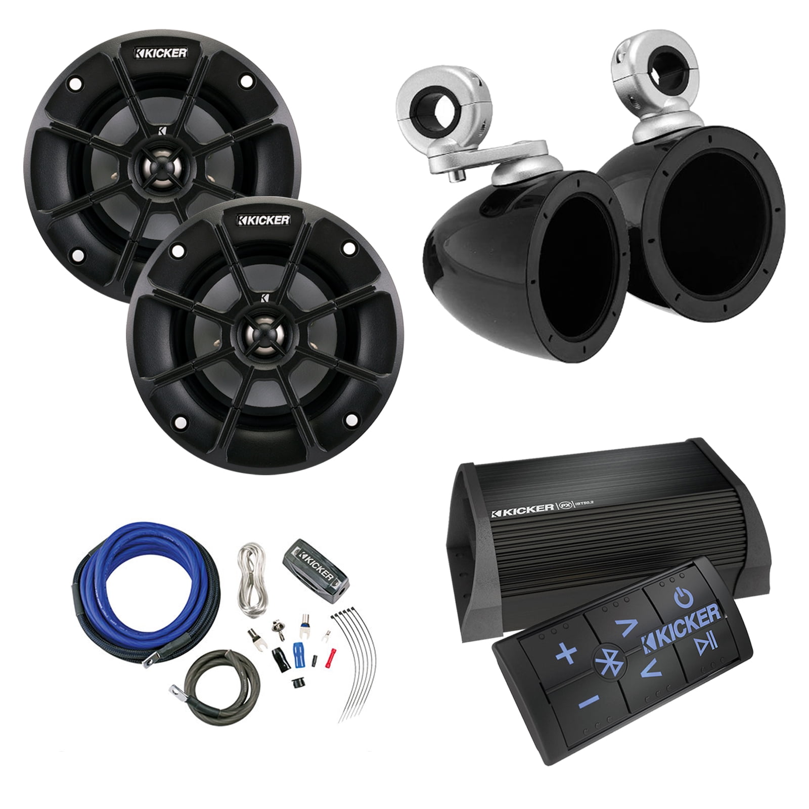 Kicker 2 Channel Portable Bluetooth Amplifier w/ Remote, 2 x Kicker 4" 2Way PS Series 2 Ohm