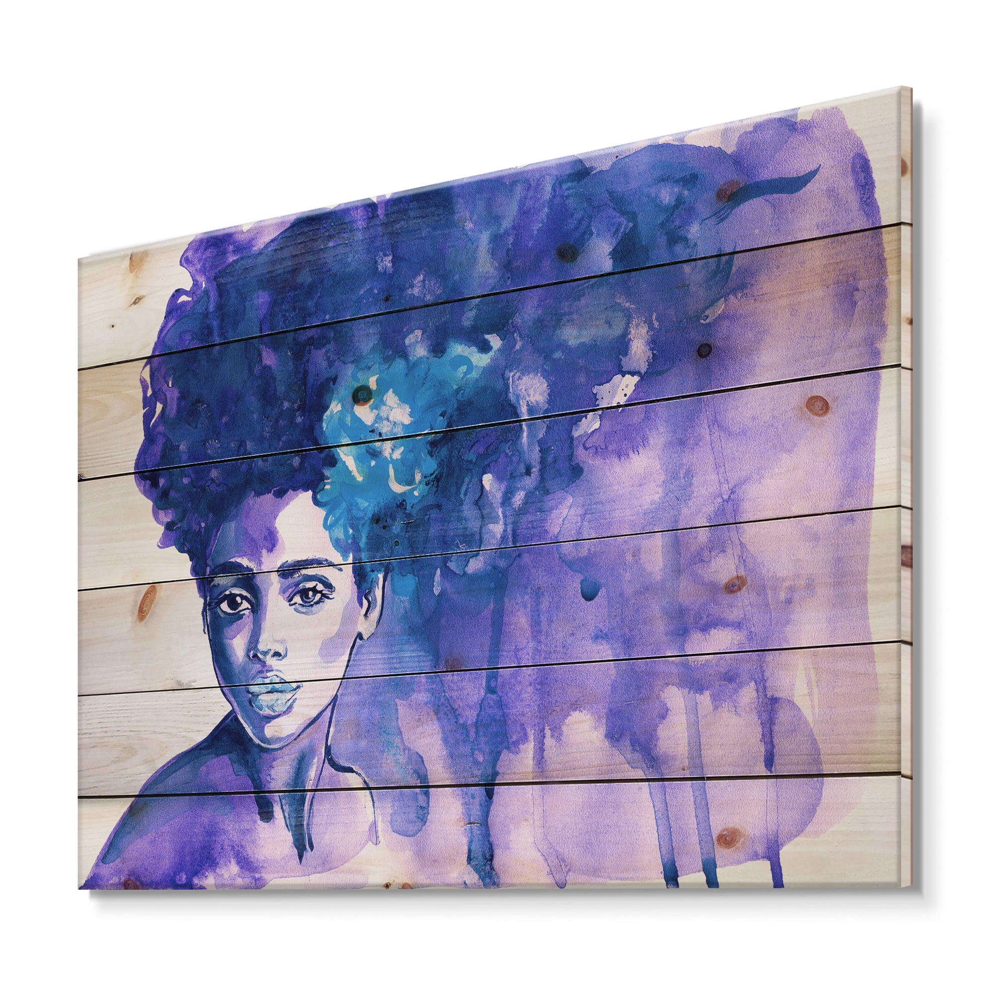 Designart 'Glorious Blue Portrait of Afro American Woman' Modern Print on Natural Pine Wood