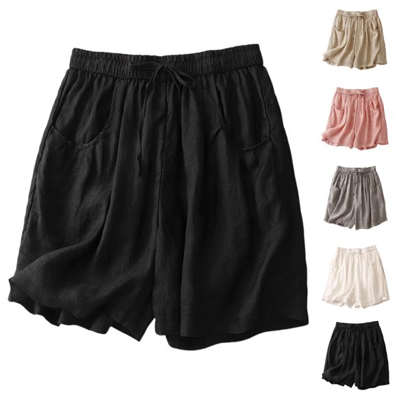 Linen Shorts for Women Summer Casual Elastic Waist Wide Leg Lightweight Loose Fit Boho Beach Shorts with Pockets