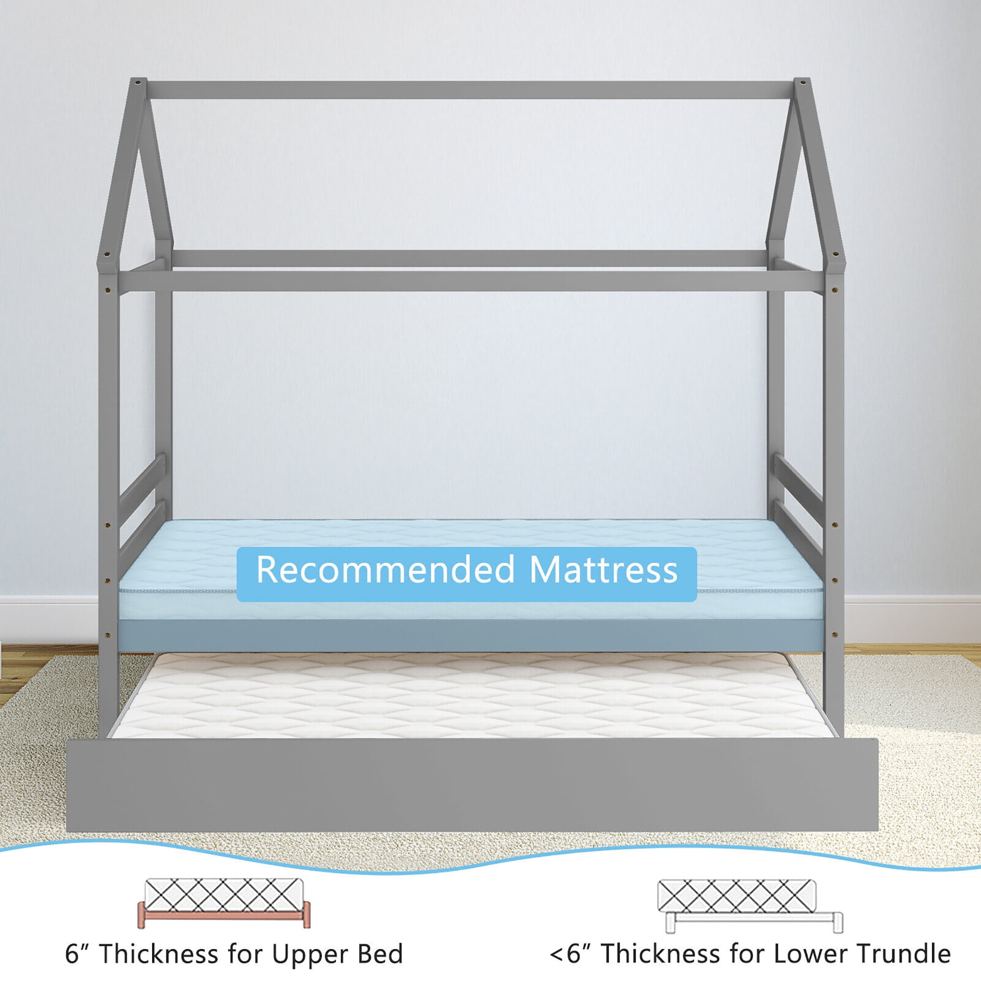 Gymax Twin House Bed Frame w/ Trundle Roof Wooden Platform Mattress Foundation Grey